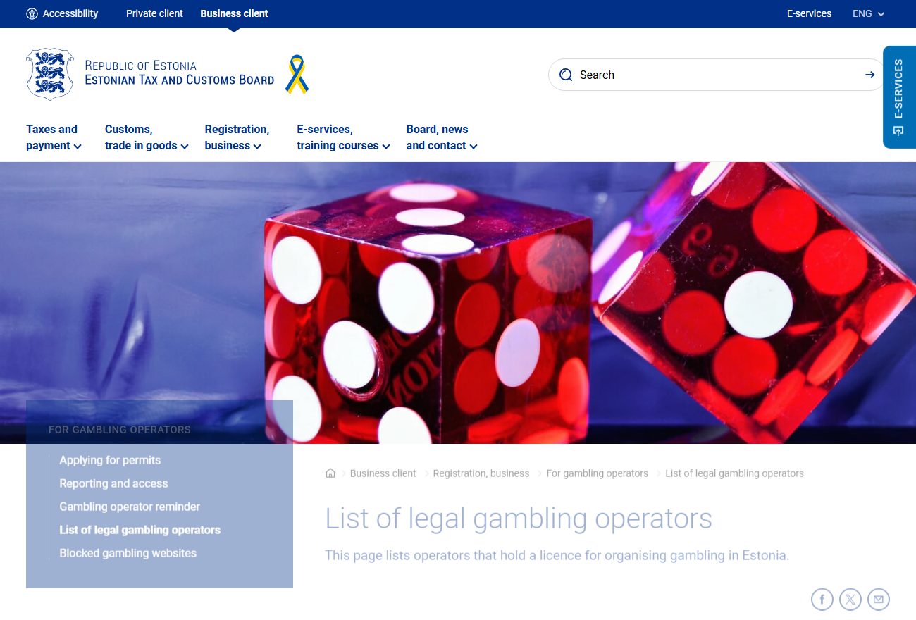 EMTA list of legal gambling operators (Estonian Tax and Customs Board)